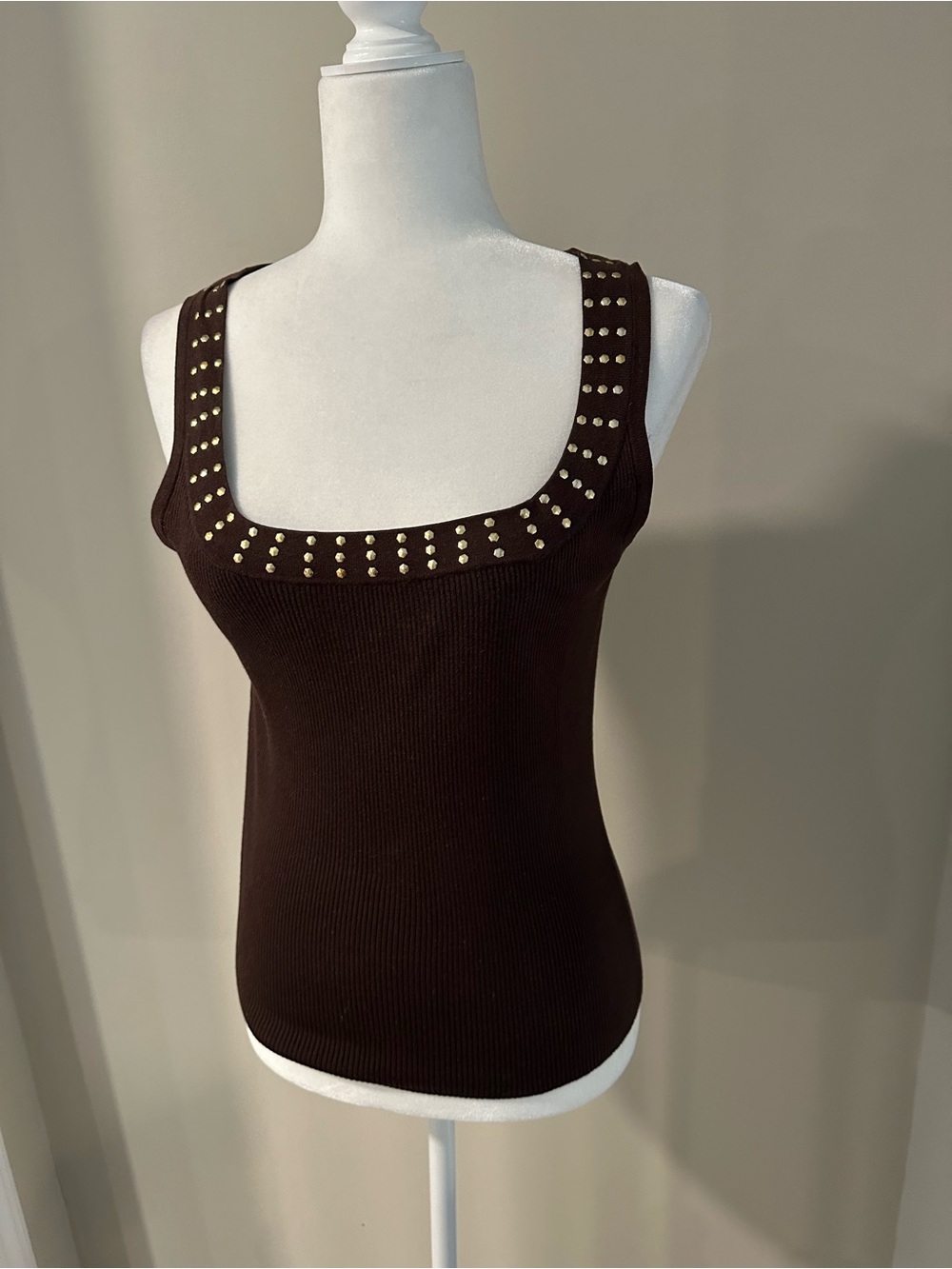 Willi Smith Brown Ribbed Tank with Gold Studs